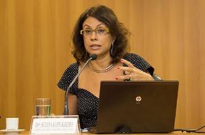 Professora Suzana Kahn Ribeiro durante primeira palestra sobre Protocolo de Quioto. (Foto: Alexandre Moreira)