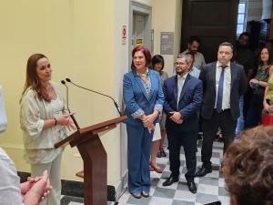 A artista Ana Maria Rodrigues, Siléa Macieira, diretora do Museu da Justiça, Arthur Borges, assessor da SGCON, Felipe Fleury, Diretor do Departamento de Sustentabilidade